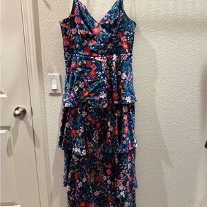Skies Are Blue Navy Floral Tiered V-Neck Maxi Dress with Pink & Red Blooms